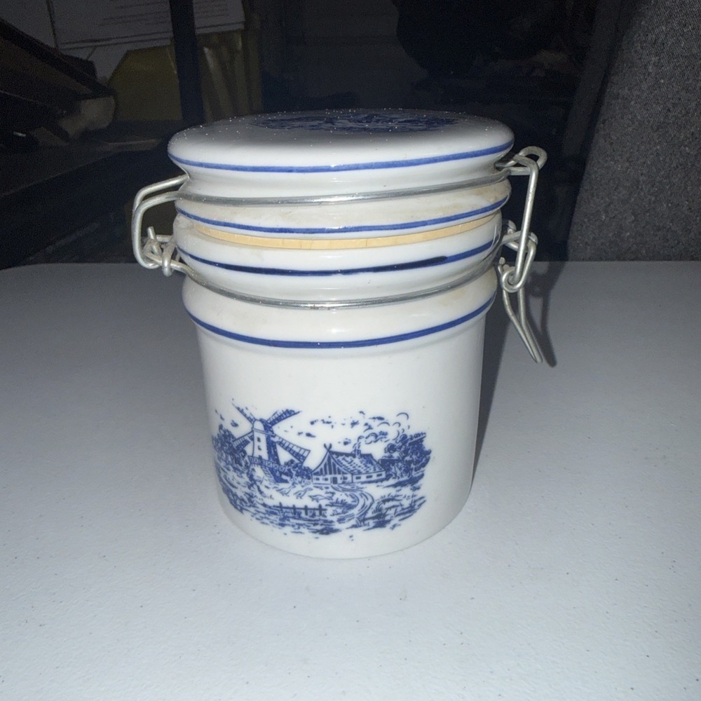Vintage Teleflora Delft Blue White Dutch Windmill w/ ducks canister jar crock